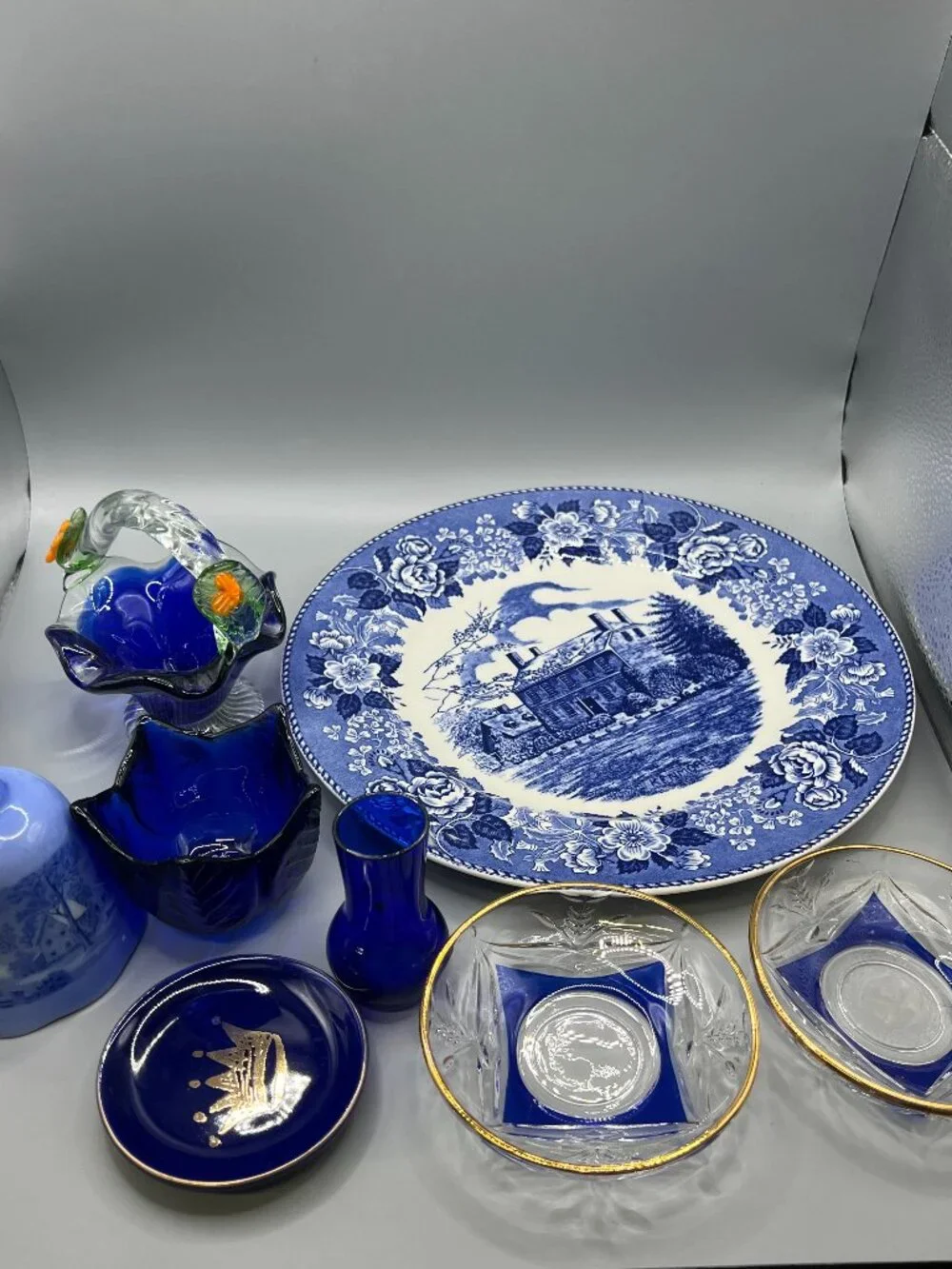 Delft Blue Glass Plate Ceramic Bell Basket Kenmore Lot of 8 items MCM